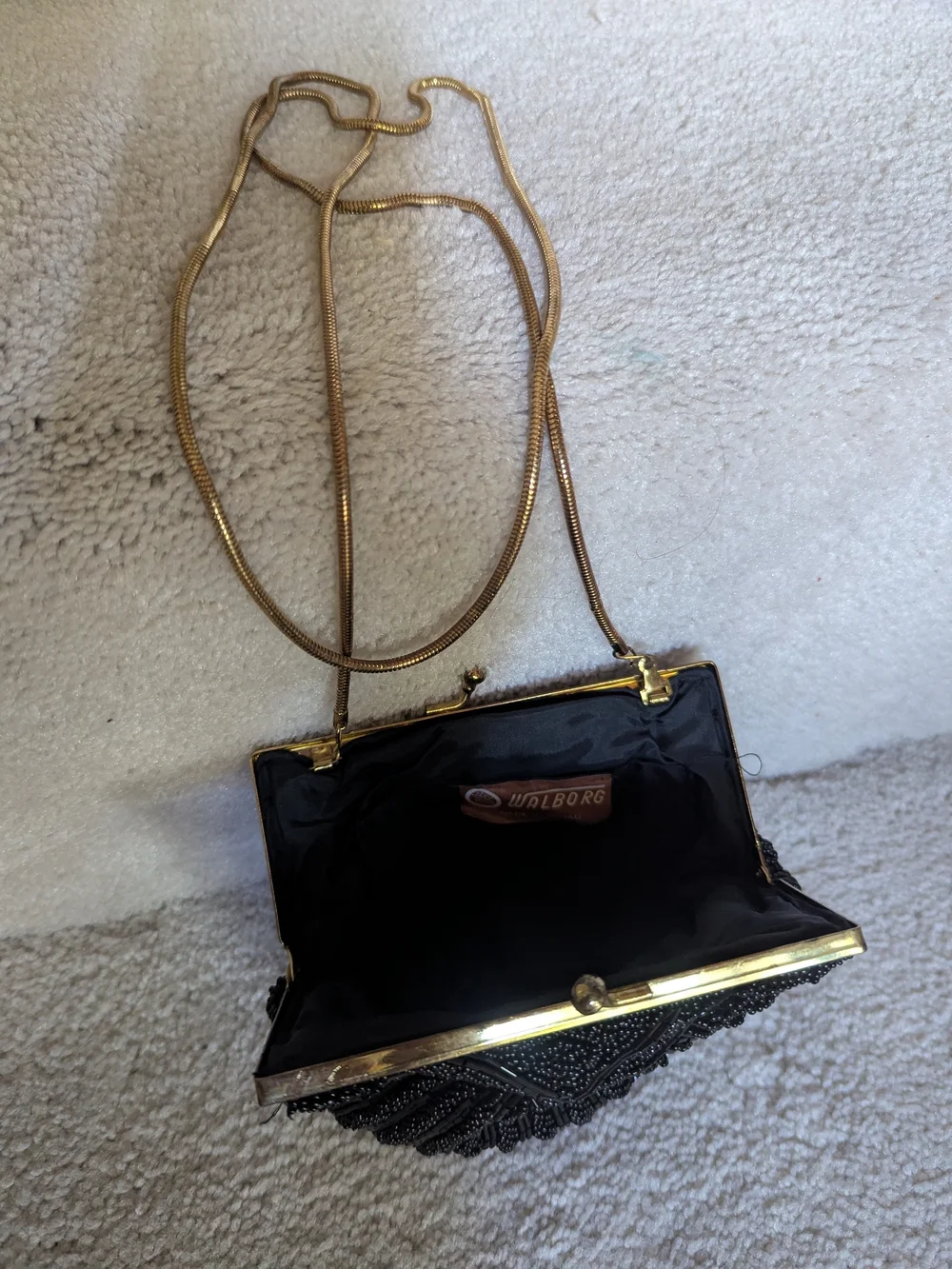 Vintage Walborg Black Beaded Shell Clutch Fan Shaped Handbag